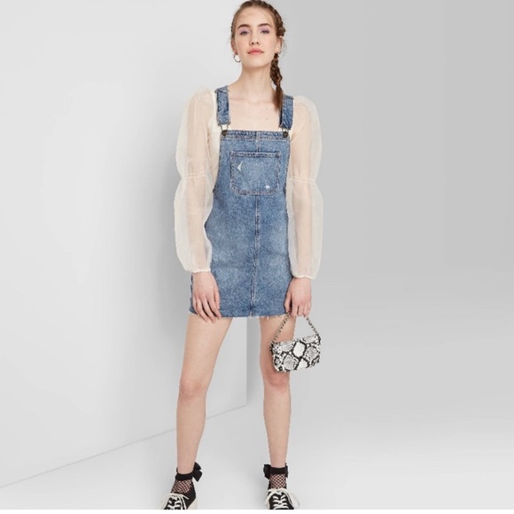 New Target Wild Fable Denim Jean Distressed Overall Mini Dress - Picture 4 of 8